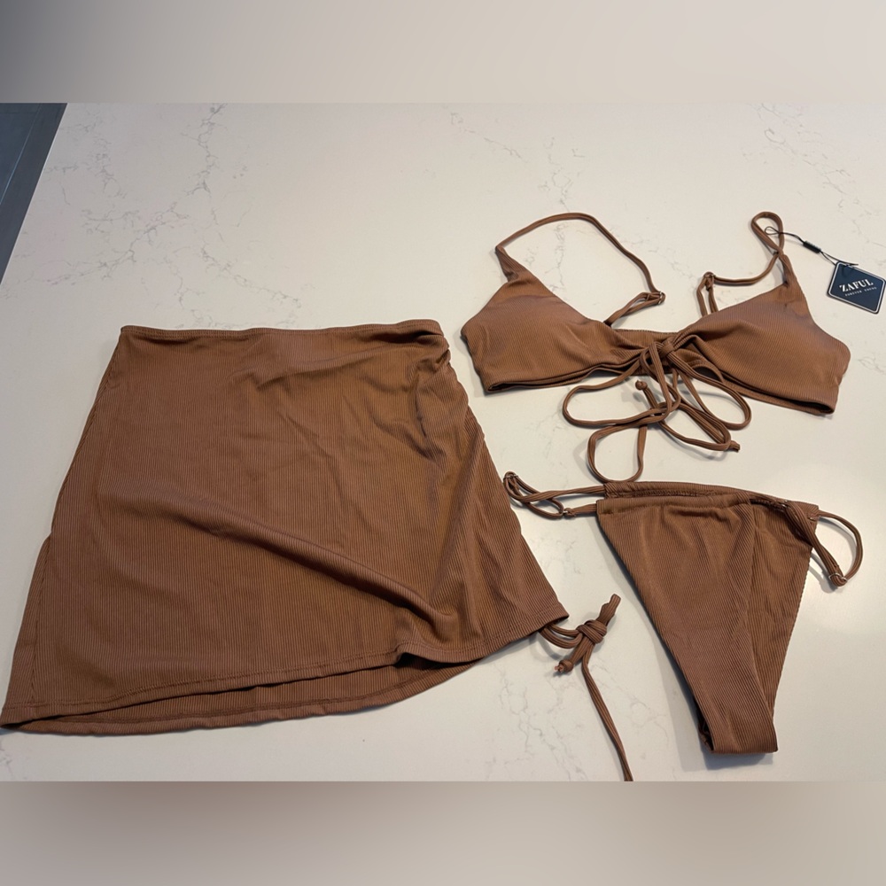 Brown Bikini Set with Skirt